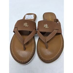 Ralph Lauren Sandals Women’s US 8B-EU 39 Brown Thongs Leather Logo Flats NEW